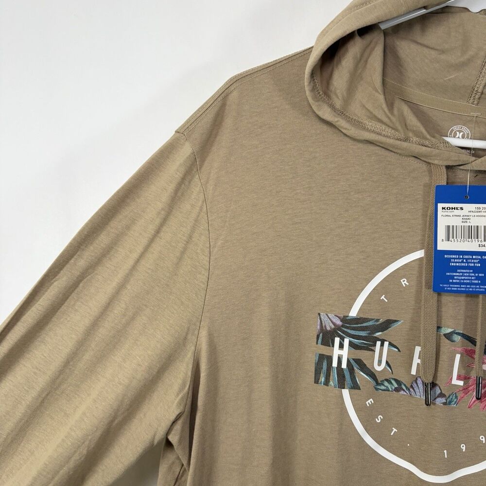 Hurley Lightweight T Shirt Hoodie Mens Size Large Beige Tan Floral Pullover NWT - Picture 8 of 12